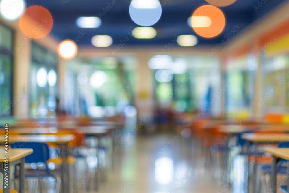 A blurry image of a school cafeteria with tables and chairs. The cafeteria is empty and the lighting is dim A blurry image of a school cafeteria with tables and chairs. The cafeteria is empty and the lighting is dim