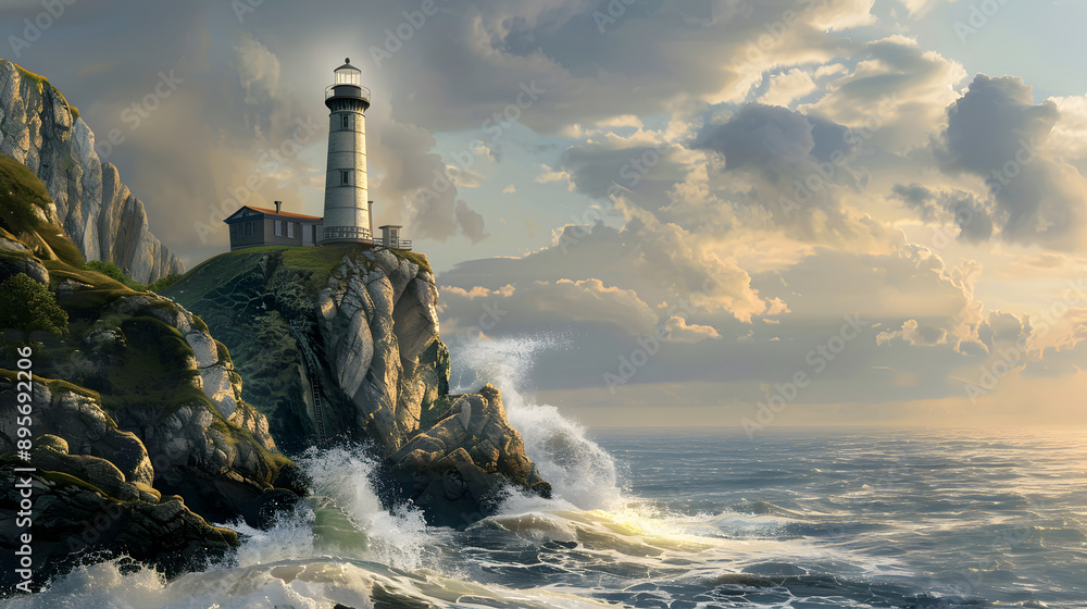 Historic Lighthouse on a Cliff: A dramatic view of a historic lighthouse perched on a cliff overlooking the ocean, with waves crashing against the rocks. The setting should evoke a sense of adventure Historic Lighthouse on a Cliff: A dramatic view of a historic lighthouse perched on a cliff overlooking the ocean, with waves crashing against the rocks. The setting should evoke a sense of adventure