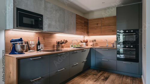 A kitchen with a sink, stove and counter top appliances, AI