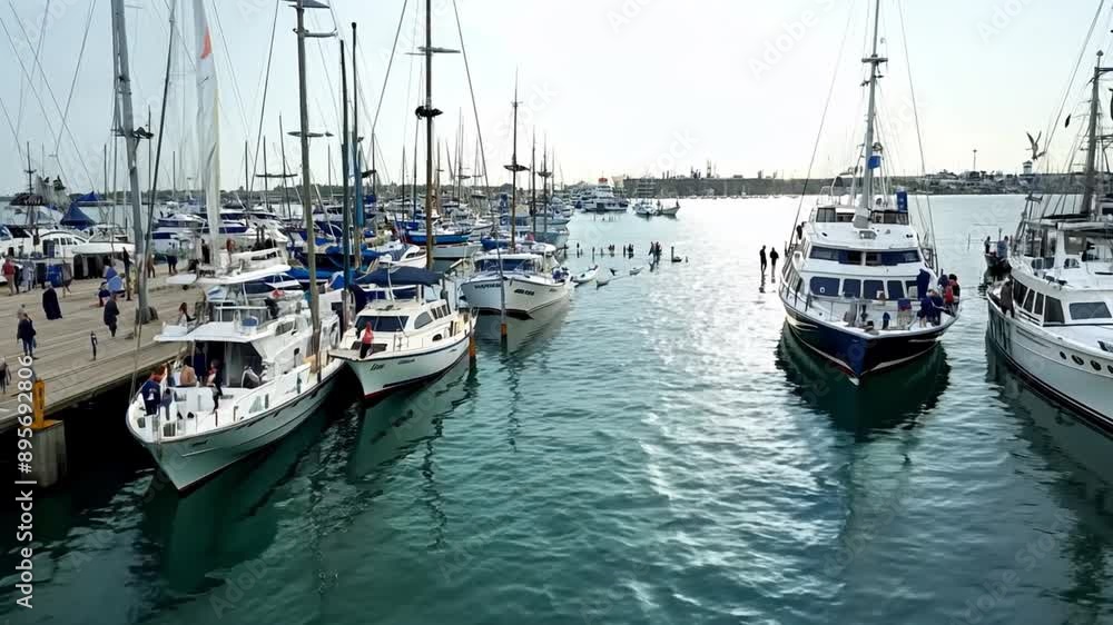 Aerial shot A busy marina with boats docked and people walking on the piers. Natural, diffused lighting to emphasize the activity. Aerial shot A busy marina with boats docked and people walking on the piers. Natural, diffused lighting to emphasize the activity.