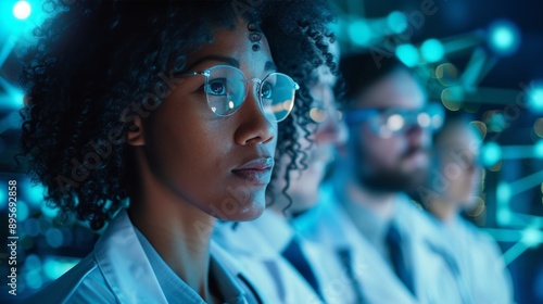 Diverse scientists in futuristic lab collaborate on research in healthcare, biology, and engineering, symbolizing hope and progress in science. © okfoto