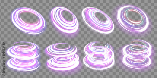 Night road speed illustration. Rounded neon line with light effect. Curve blue line light effect neon swirl. 