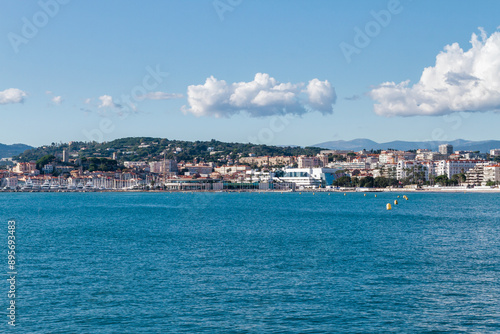 Panoramic view of the city of Cannes with old town, Palais des festivals, port, Provence, Cote d'Azur, France