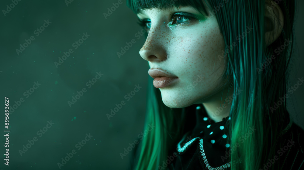 Woman with green hair and green eye makeup, looking to the side with a calm expression, wearing a black polka dot shirt.