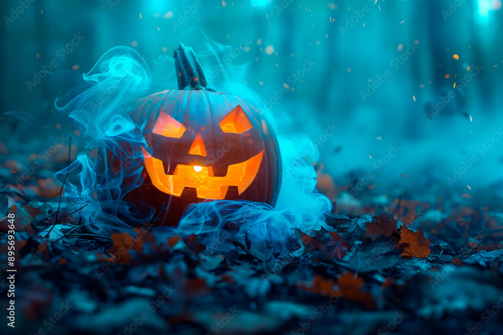 Scary Halloween Pumpkin looking through the smoke. Glowing, smoking monster pumpkin from depths of hell Scary Halloween Pumpkin looking through the smoke. Glowing, smoking monster pumpkin from depths of hell