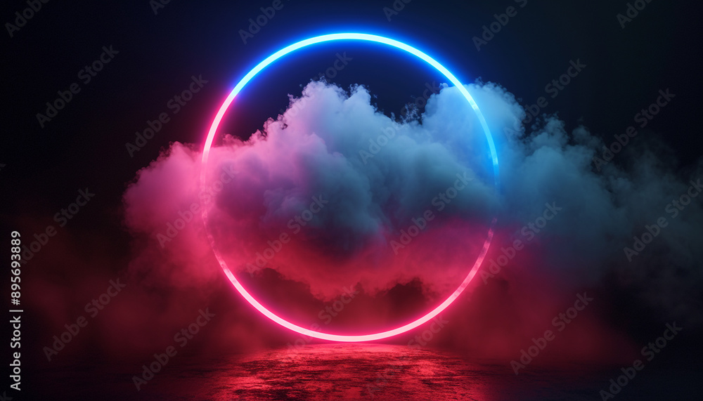 Naklejka premium Neon light circle frame glowing in clouds