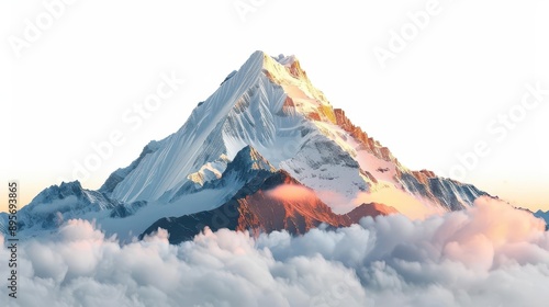 majestic snowcapped mountain peak emerging from clouds golden alpenglow crisp details isolated on pure white background photo