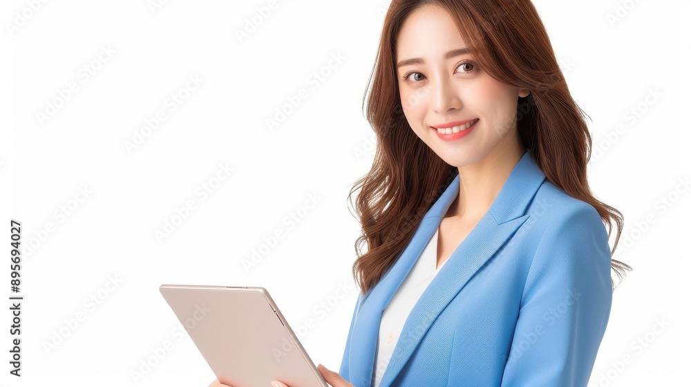 A cheerful young woman in business attire holds a tablet, smiling confidently while posing against a clean white backdrop. A cheerful young woman in business attire holds a tablet, smiling confidently while posing against a clean white backdrop.