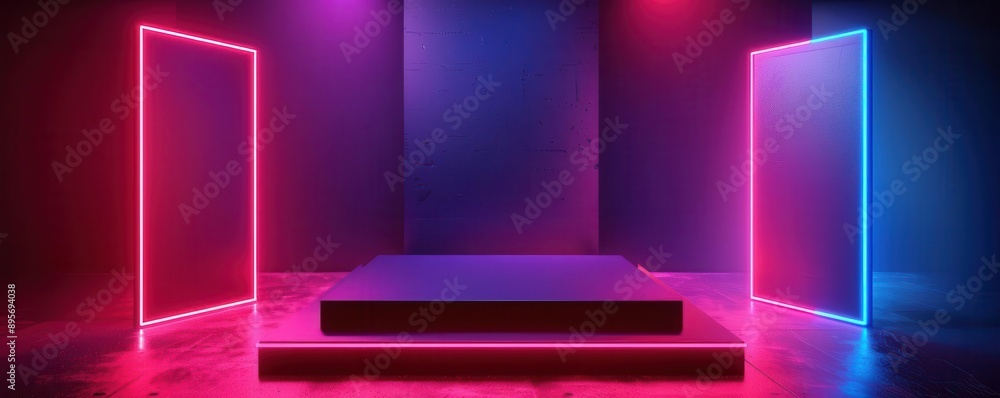A 3D style of geometric podium composition, minimalist product presentation, neon technology background, visually striking A 3D style of geometric podium composition, minimalist product presentation, neon technology background, visually striking