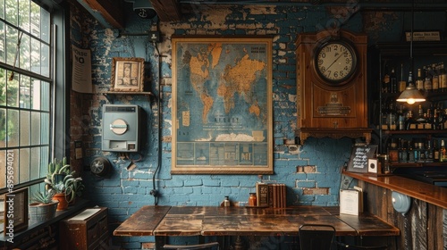 Vintage Bar Interior with a World Map © maretaarining