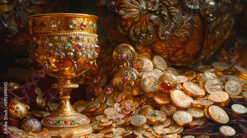 Opulent Treasure Trove Featuring Golden Goblet and Glittering Coins photo