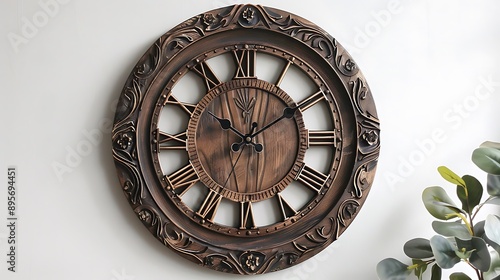 Classic wooden wall clock with ornate carvings and Roman numerals