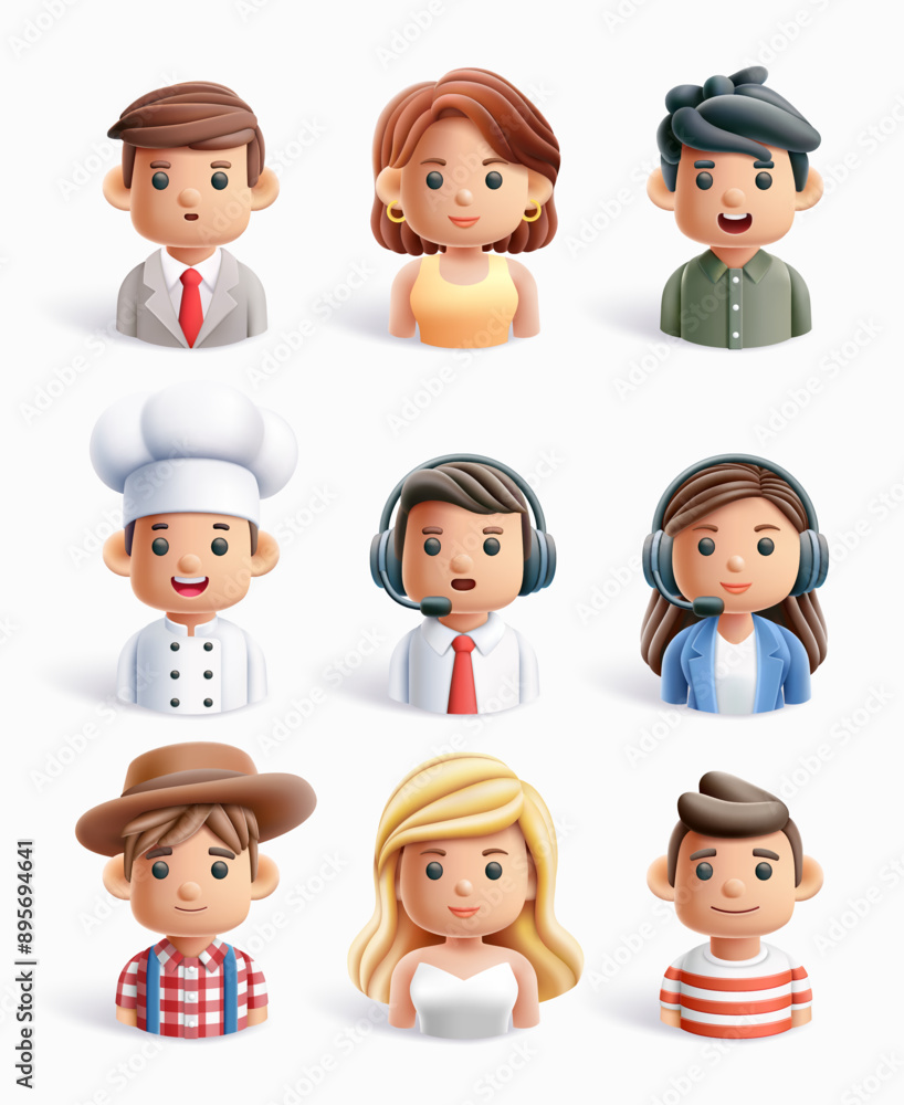 3D cartoon plasticine style avatars, half body, each representing a different profession. 3D cartoon plasticine style avatars, half body, each representing a different profession.