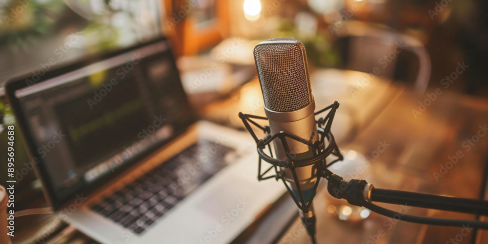 Close-up of a professional microphone set up in a recording studio with a laptop in the background. Close-up of a professional microphone set up in a recording studio with a laptop in the background.