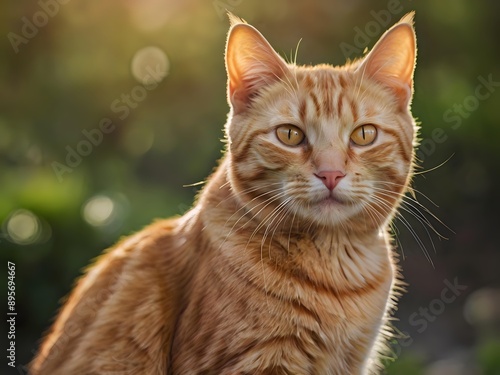 orange cat with blur background, orange cat is sitting and looking