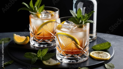 Two glasses of cold alcoholic cocktails with mint and lemons on a tray, AI