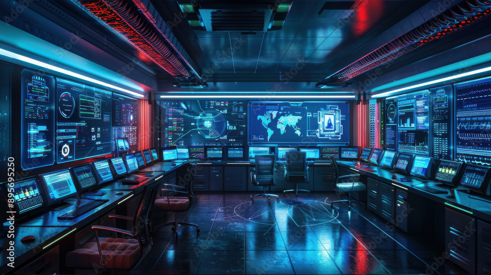 A cybersecurity command center in chaos, with multiple alerts and warnings of a massive hack attack on their systems A cybersecurity command center in chaos, with multiple alerts and warnings of a massive hack attack on their systems