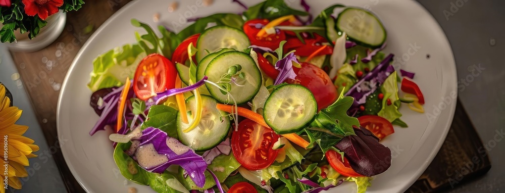 Fresh and vibrant vegetable salad with cucumbers, tomatoes, and mixed greens, perfect for a healthy meal and colorful dining experience. Fresh and vibrant vegetable salad with cucumbers, tomatoes, and mixed greens, perfect for a healthy meal and colorful dining experience.