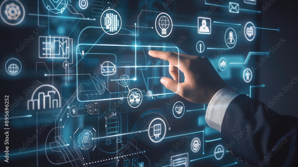businessman touch virtual screen with icons of data science businessman touch virtual screen with icons of data science
