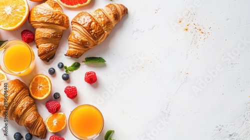 A delicious continental breakfast spread with fresh croissants, orange juice, and fruit on a clean white background