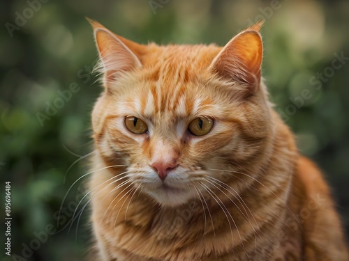 orange cat with blur background, orange cat is sitting and looking