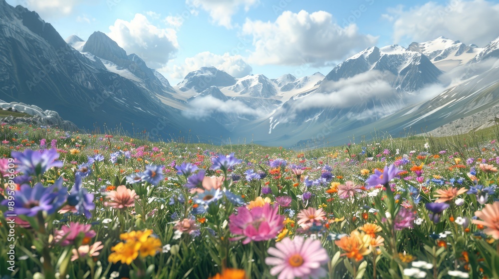A diverse array of flowers in a mountain valley with a clear sky for text A diverse array of flowers in a mountain valley with a clear sky for text