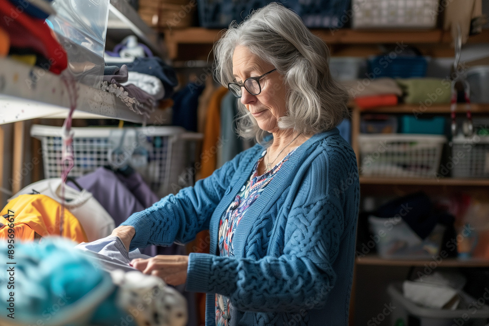 A senior woman with gray hair and glasses, dressed in a blue cardigan, is seen folding clothes carefully in a cozy, well-kept laundry room A senior woman with gray hair and glasses, dressed in a blue cardigan, is seen folding clothes carefully in a cozy, well-kept laundry room