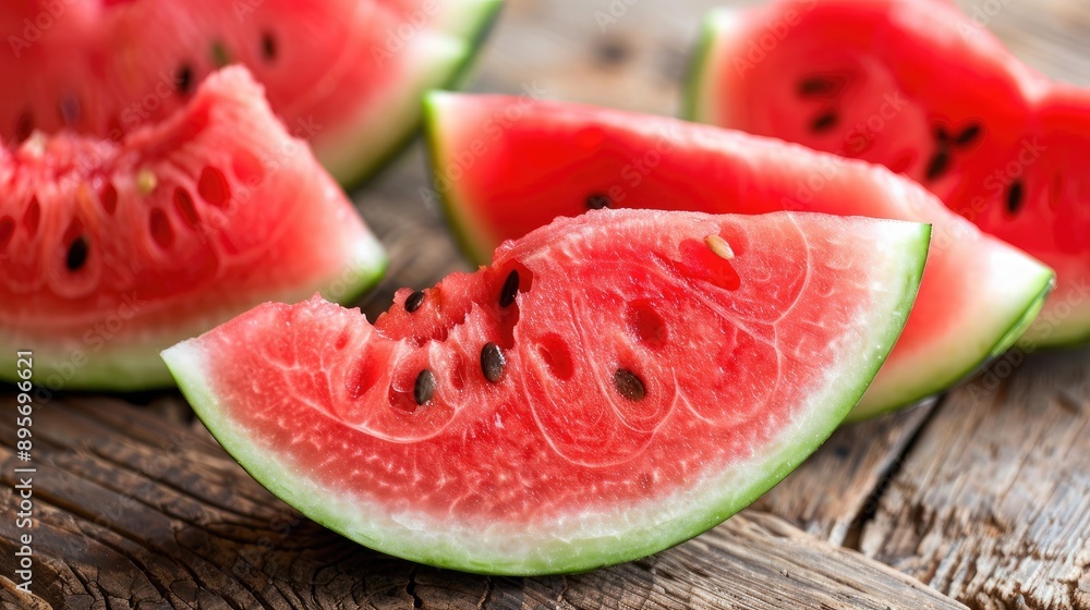 Watermelon Slices on Rustic Wooden Table Watermelon Slices on Rustic Wooden Table