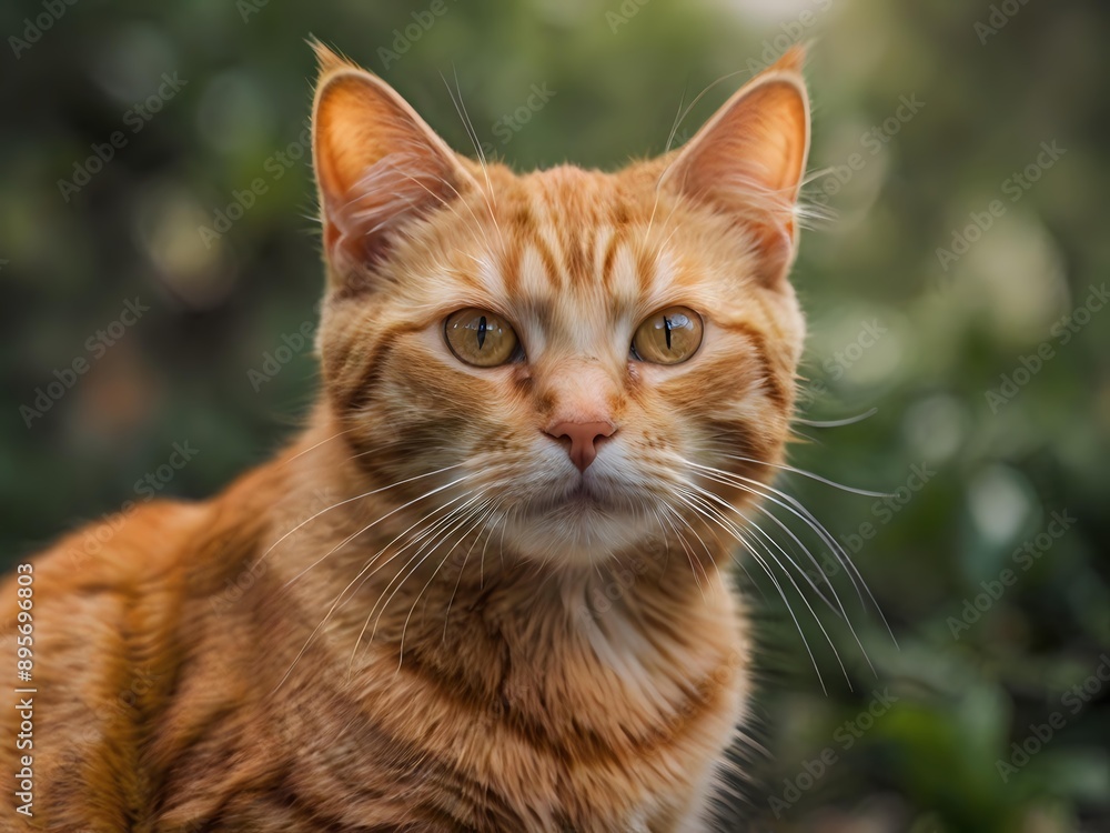 Fototapeta premium orange cat with blur background, orange cat is sitting and looking
