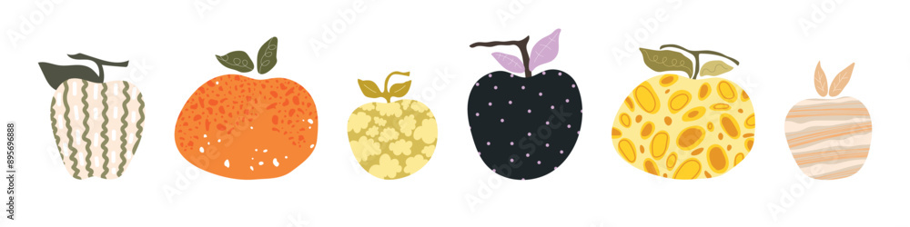 Set with cute six colorful apple on white background. Vector illustration. Set with cute six colorful apple on white background. Vector illustration.