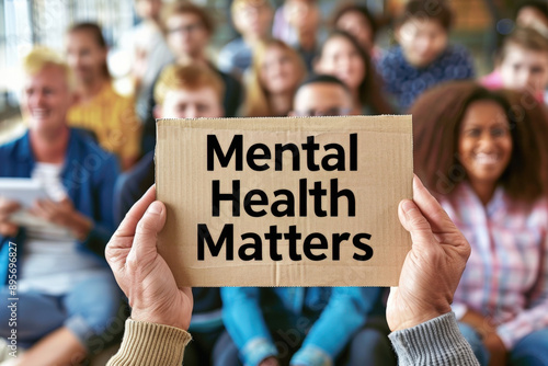 Man holding a cardboard sign with the message mental health matters during a meeting with blurred people in the background photo