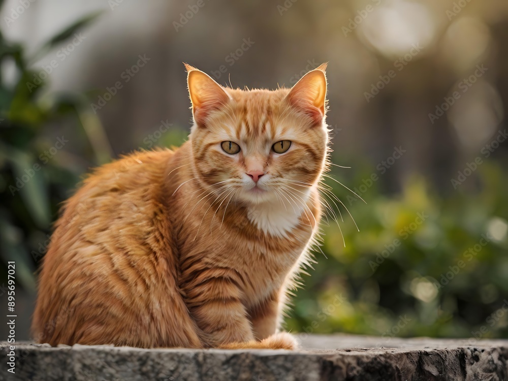 orange cat with blur background, orange cat is sitting and looking