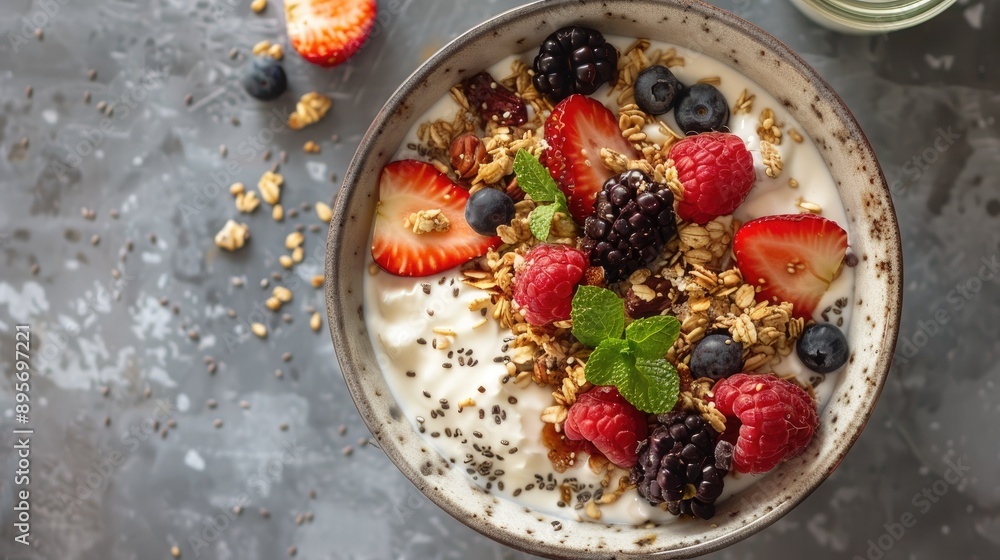 A healthy breakfast bowl with granola and fruit photographed from above A healthy breakfast bowl with granola and fruit photographed from above