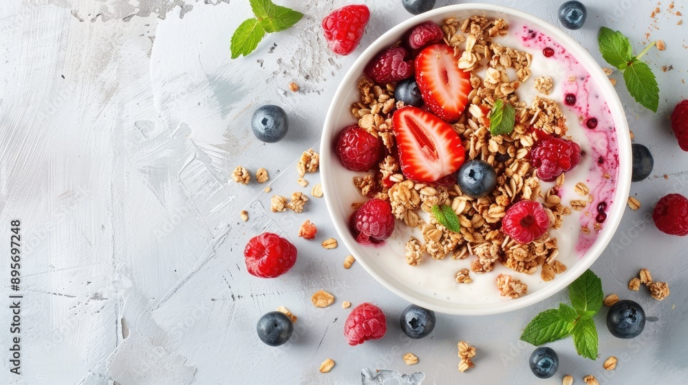 A healthy breakfast bowl with granola and fruit photographed from above A healthy breakfast bowl with granola and fruit photographed from above