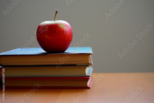 stack of textbooks and red apple, back to school