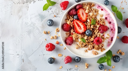 A healthy breakfast bowl with granola and fruit photographed from above