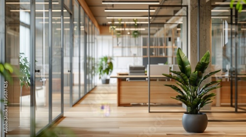 Modern Office Interior with Glass Walls and Greenery