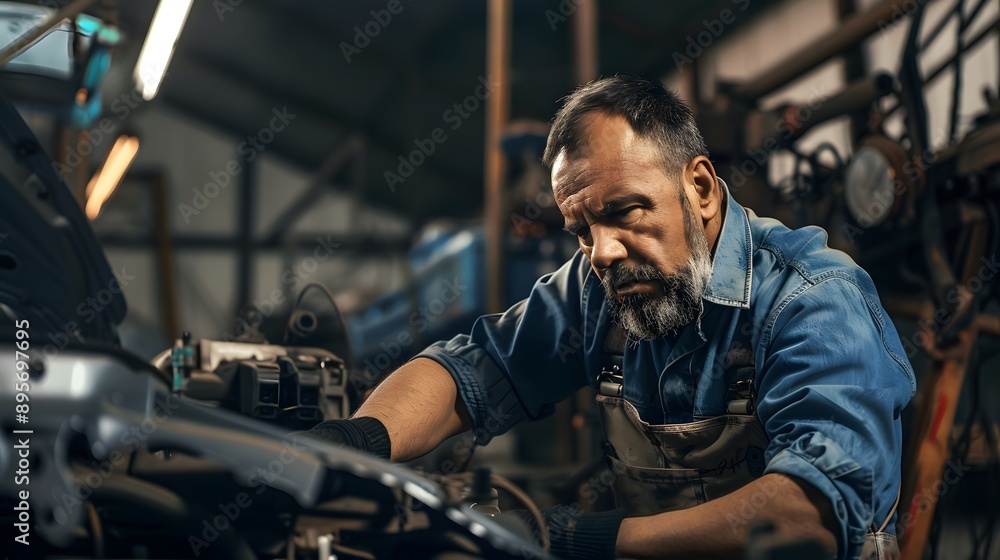 A bearded mechanic works on the engine of a car in a garage. A bearded mechanic works on the engine of a car in a garage.