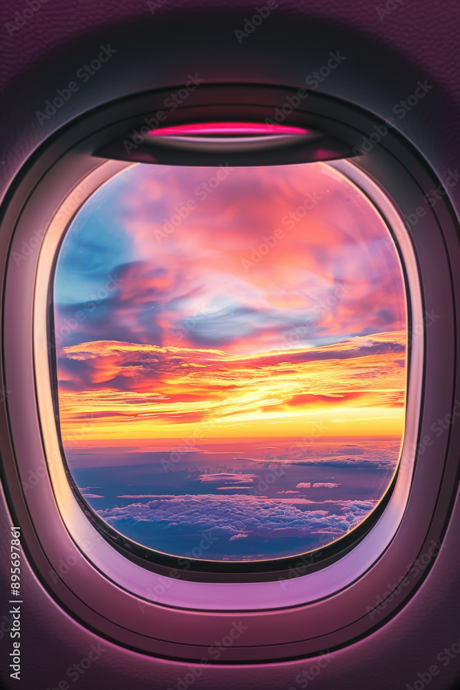Gazing out of the airplane window, a magical sunset paints the sky in vibrant hues above the clouds, offering a sense of freedom and adventure ideal for travel concepts Gazing out of the airplane window, a magical sunset paints the sky in vibrant hues above the clouds, offering a sense of freedom and adventure ideal for travel concepts