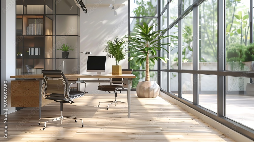 Fototapeta premium Modern Office Interior with Large Windows and Natural Light