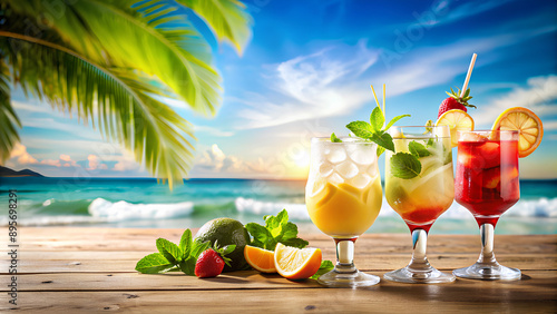 Summer cocktails with blur beach background. Copy space.png