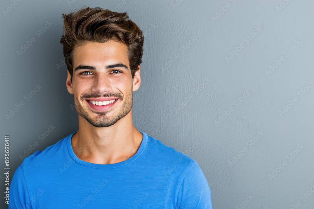 Smiling man in blue t-shirt against gray wall Smiling man in blue t-shirt against gray wall