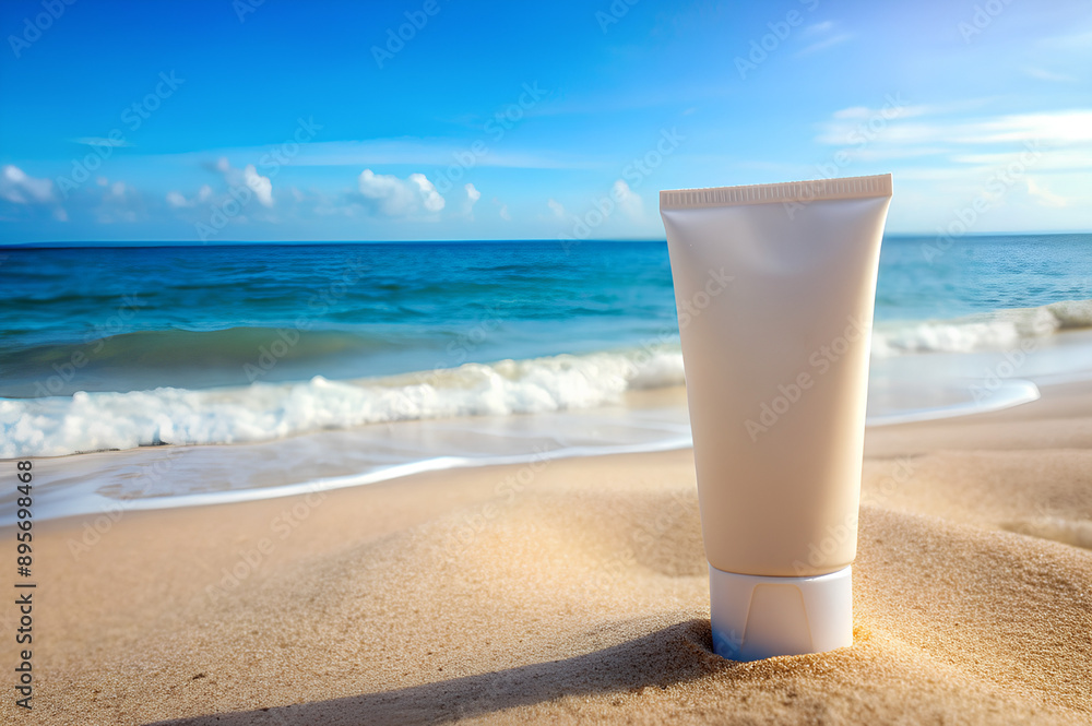 Sunblock placed on sand beach with a serene seaside background Sunblock placed on sand beach with a serene seaside background