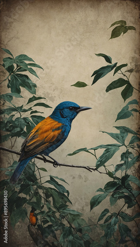 Birds and leaves art drawing on a textured surface background photo