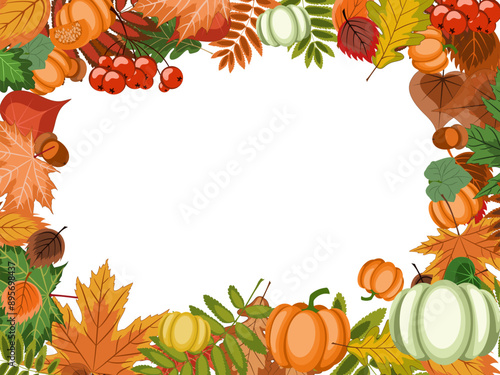 autumn frame, a lot of bright fallen leaves, ripe pumpkins and rowan berries in border with a empty center. colorful vector illustration on an autumn theme