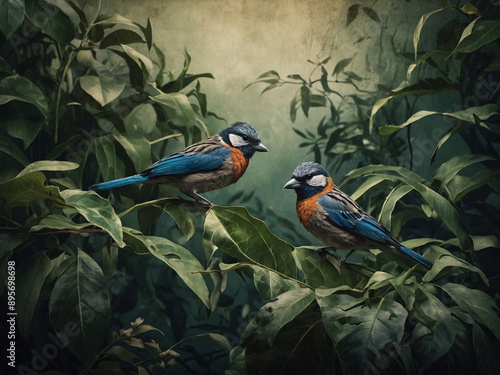 Birds hidden in leaves, artistic drawing on textured backdrop photo