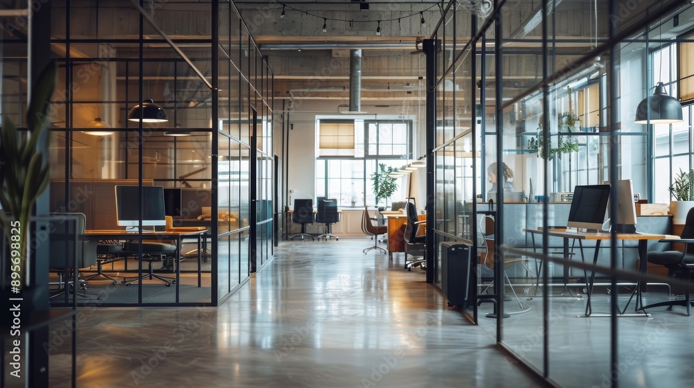 Modern Office Interior with Glass Walls and Desks Modern Office Interior with Glass Walls and Desks