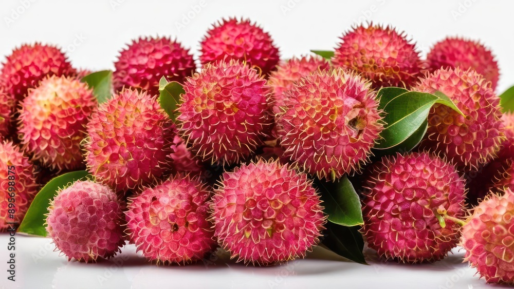 a close up of a bunch of red fruit with green leaves a close up of a bunch of red fruit with green leaves