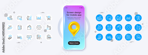 Phone mockup with 3d map pin icon. Contactless payment, Cashback and Line graph line icons. Pack of Change money, Rise price, Report document icon. Vector