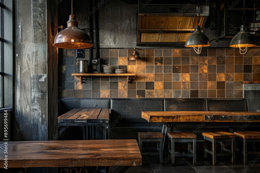 Interior of a modern pub. Bar counter, bar chairs and wooden table. Interior of a modern pub. Bar counter, bar chairs and wooden table.